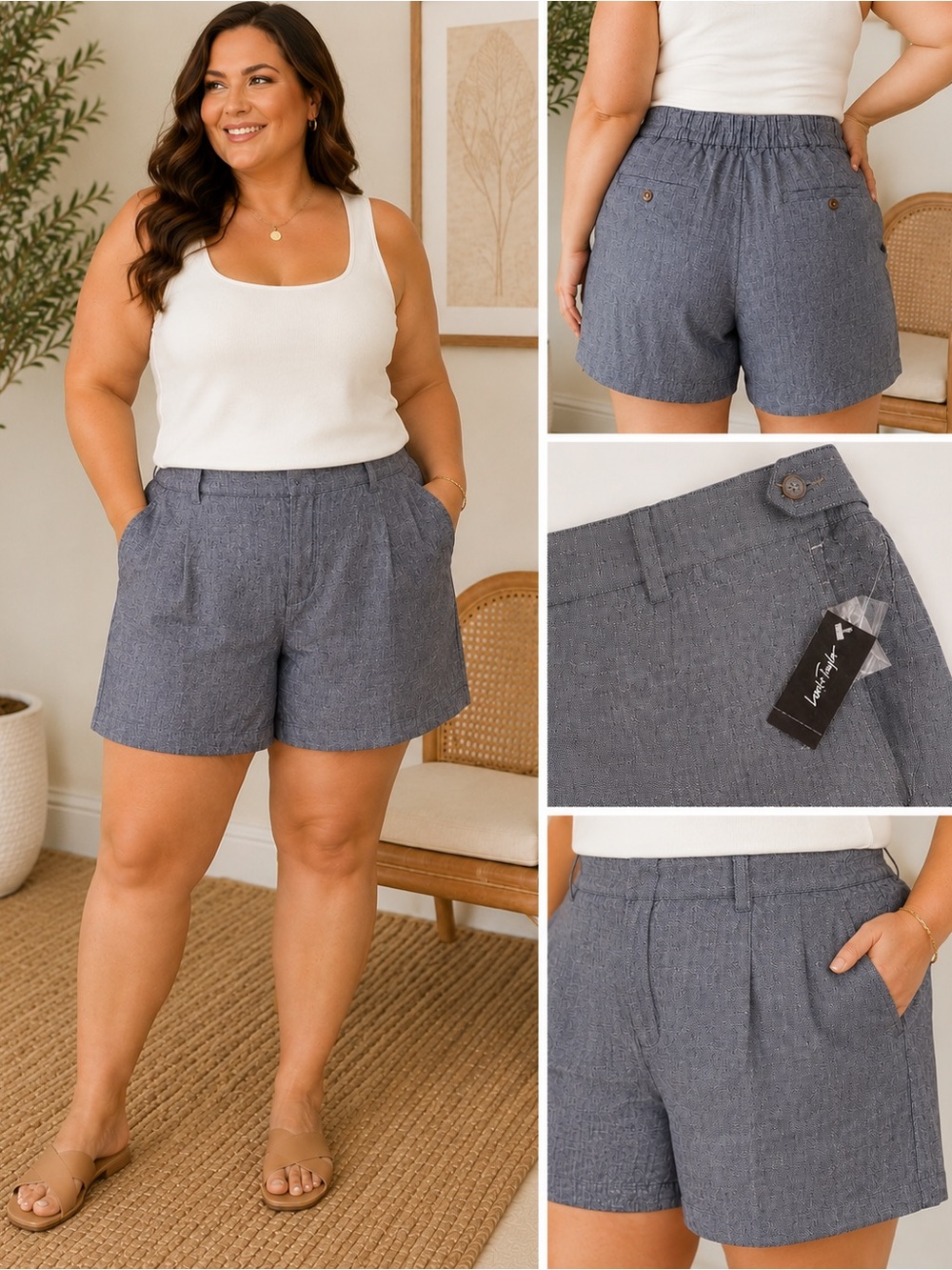 Lord & Taylor Woman Linen Blend Tailored Shorts Size 24W Gray Blue NWT